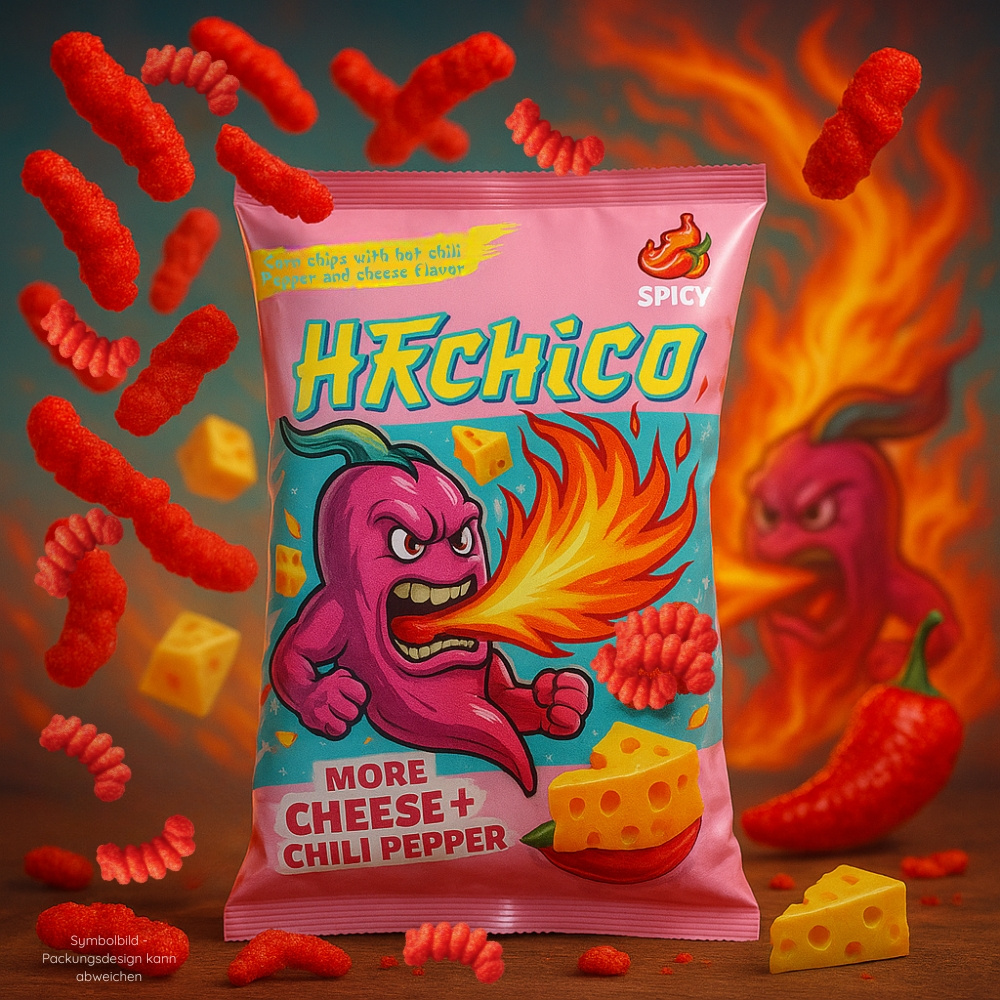 Image of Hachico More Cheese + Chili Pepper – Fiery Red Spicy Cheese Chili Chips Snack – Flavorful Corn Chips With Cheese And Chili – Crispy, Spicy & Intense