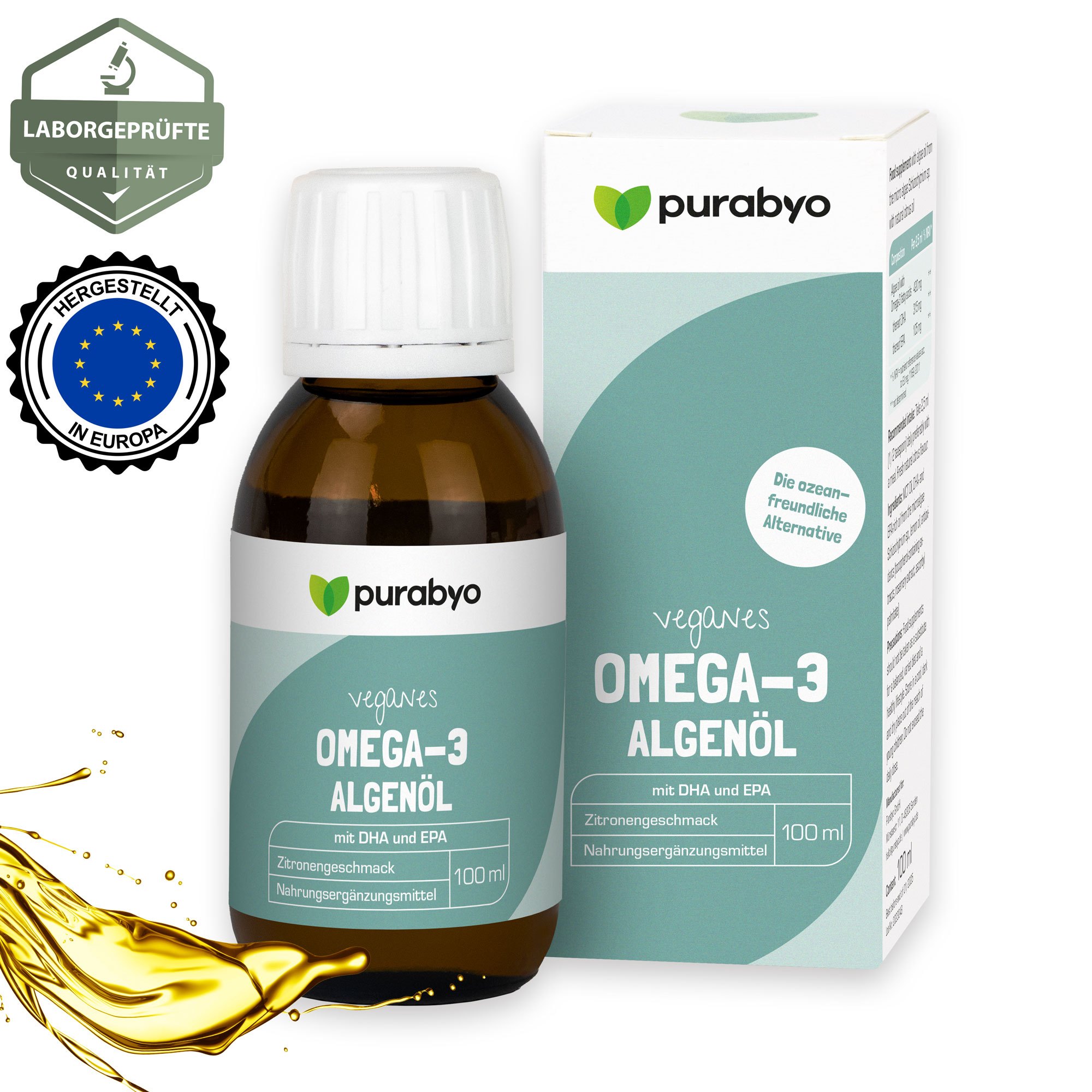 E-shop Algenöl flüssig Omega 3 VEGAN | im Glas | Veganes Algenöl | Omega 3 Fettsäuren DHA und EPA | hochdosiert | Hoher EPA Gehalt | 315 mg DHA und 105