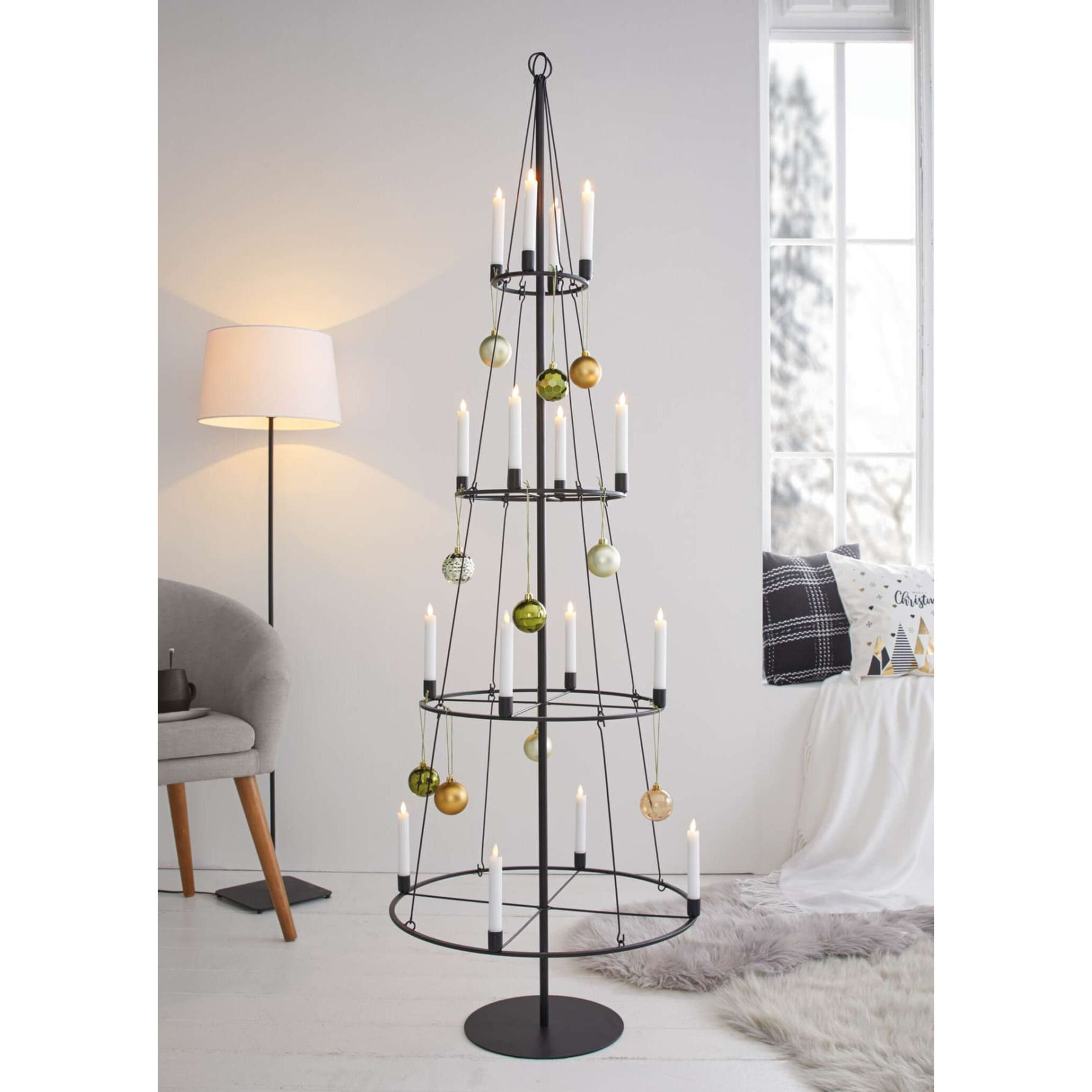 Image of Metal Tree "pyramid" 180 Cm High, Artificial Christmas Of Metal In Black, Candle Holder For 16 Candles, Alternative To , Artificial Christmas Tree.