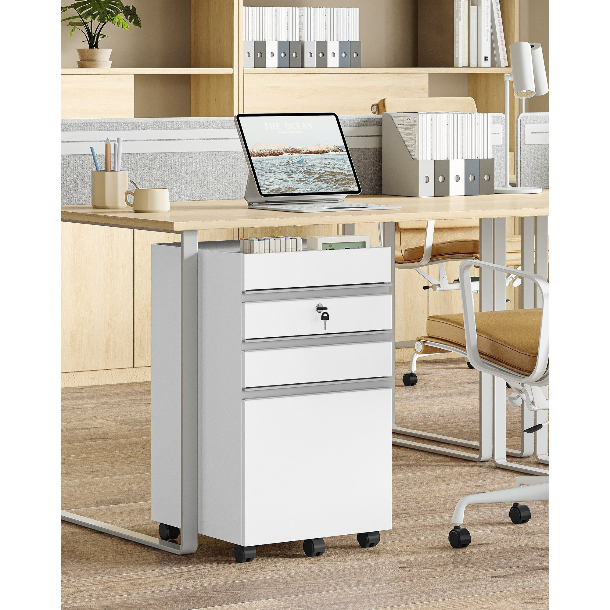 Rolling File Cabinet, Lockable Office Cabinet With 3 Drawers, Storage Space On Top, A4 & Letter Drawer Cabinet For Office, Home Office, White