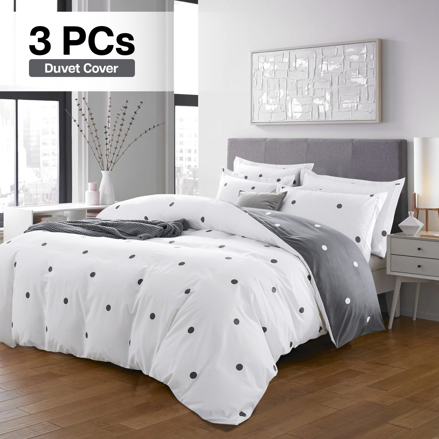 TEMU 3pcs Polka Dot Printed Reversible Duvet Cover Set - With Pillowcases Soft & Breathable Microfiber, Button Closer, Machine Washable, Wrinkle Free