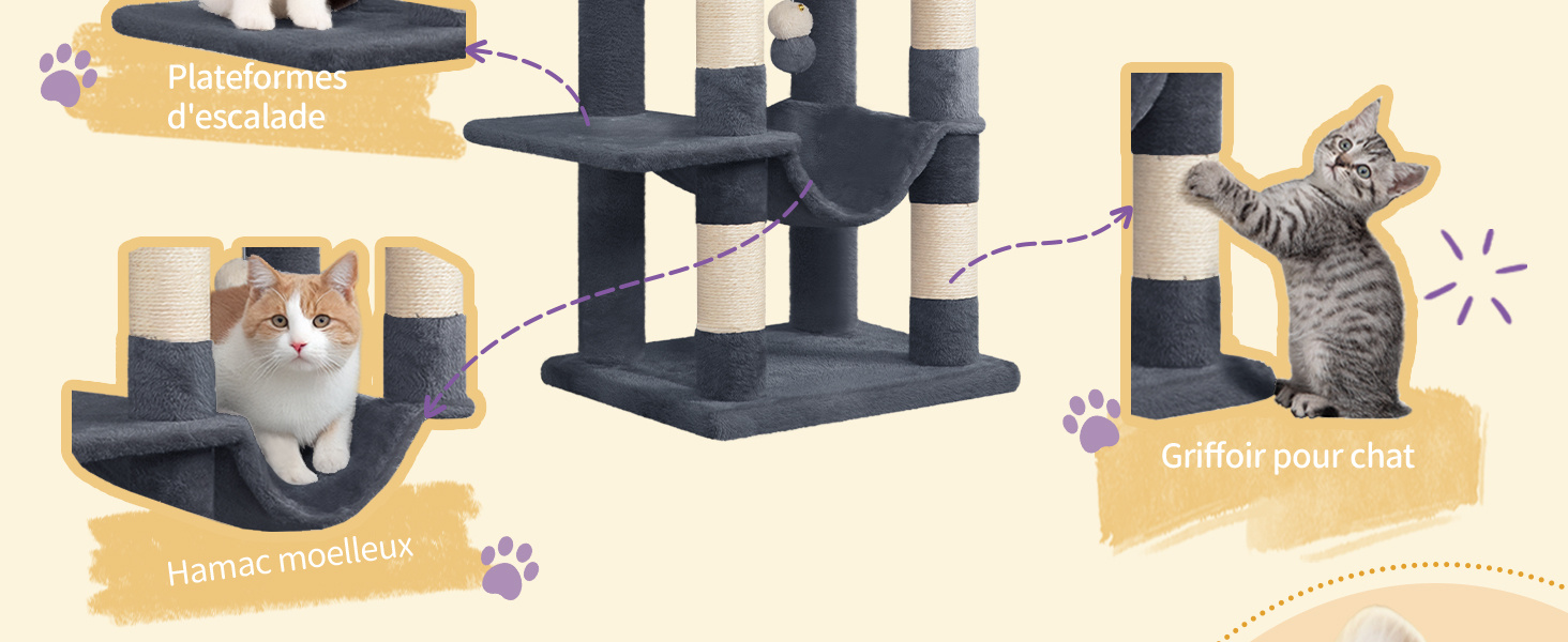 Arbre à Chat Hauteur 149 cm, Tour de Jeux pour Chats, Griffoir avec Grandes Plateformes, 5 Poteaux à Griffer, 3 Pompons, 1 Hamac, 1 Niche, Multi-Niveaux, Gris Foncé