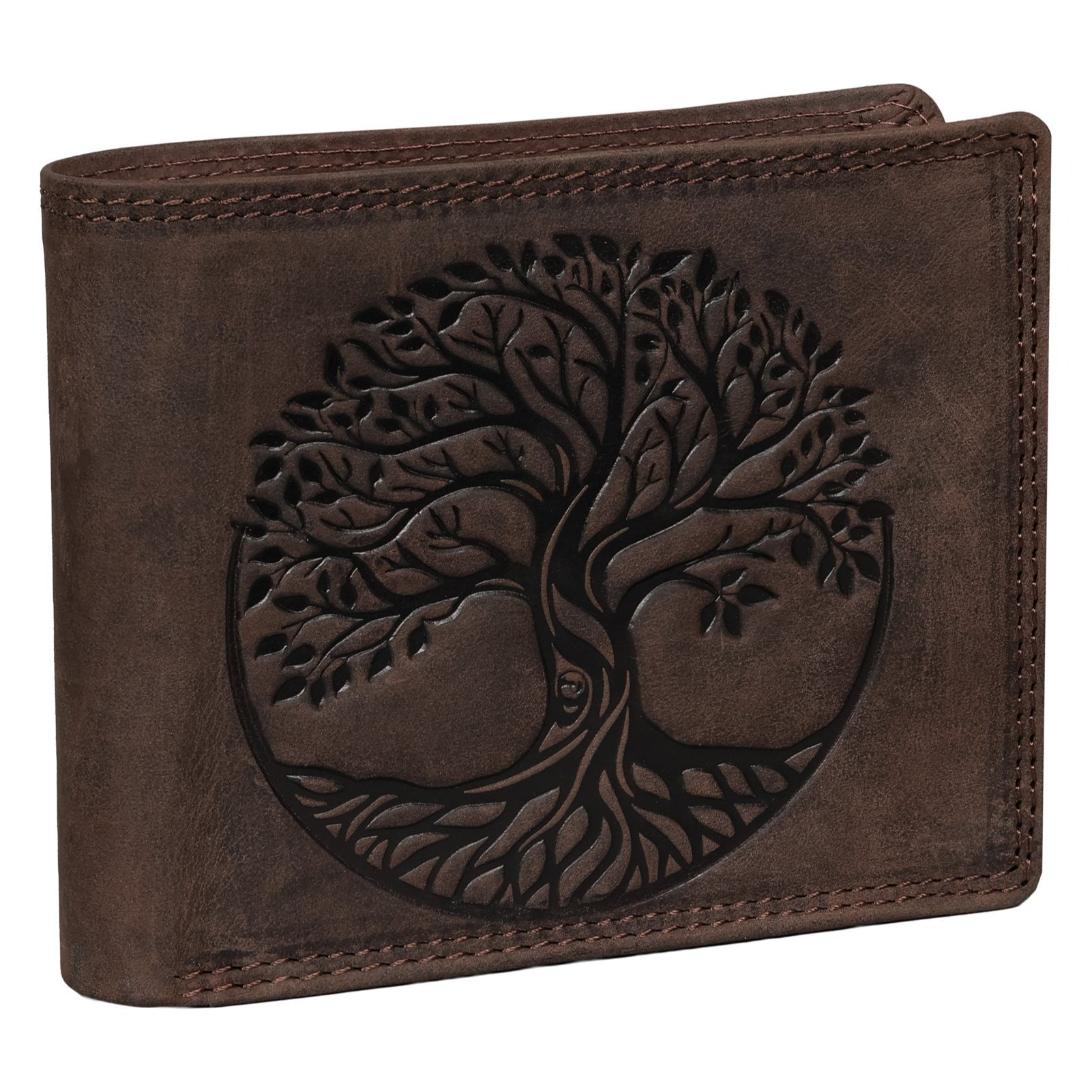 Rfid Buffalo Genuine Leather Men's Wallet With , Brown, Crossbody, Tree Of Life