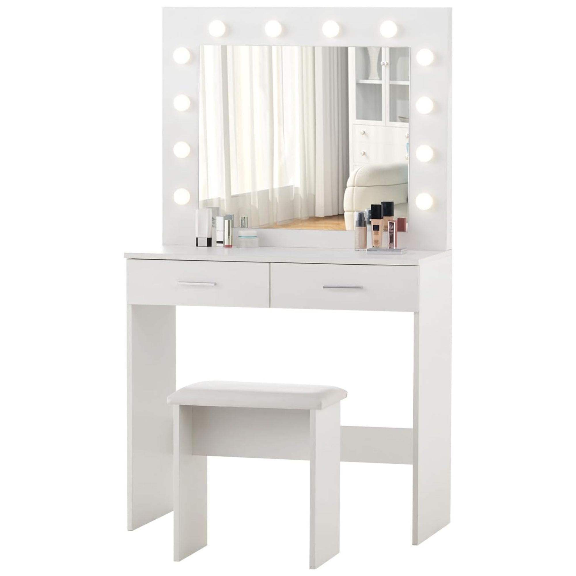 TEMU Tocador con Espejo y Luces LED | 3 de Luz Regulable | Medidas 80x140x40 cm | Taburete Acolchado en Polipiel | 2 Cajones para Maquillaje,
