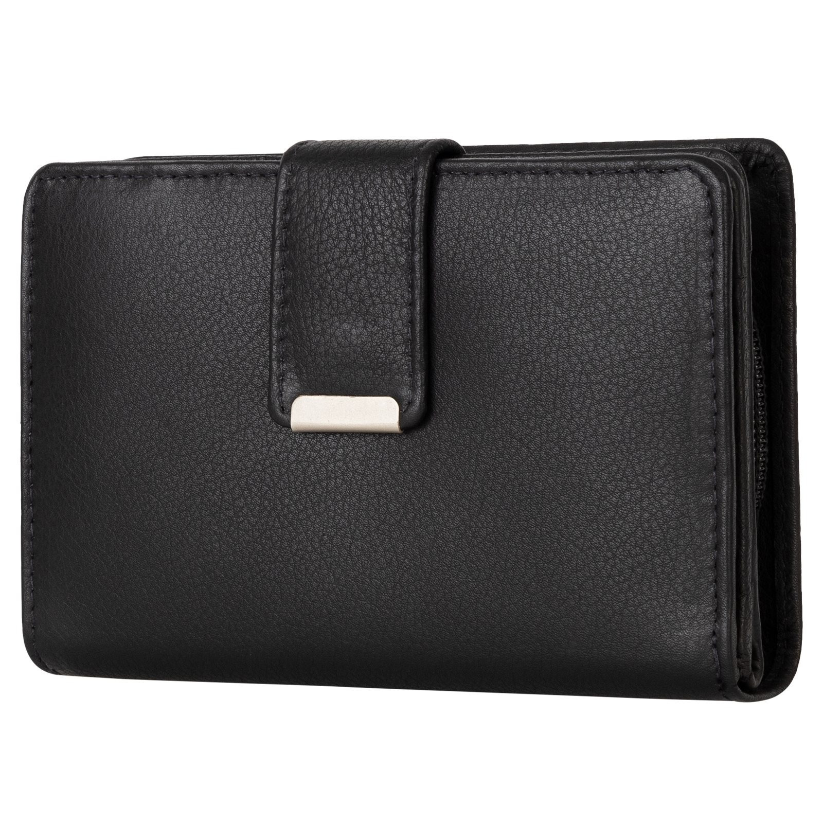 Image of Ladies' Leather Wallet With Rfid Protection, Women's Purse In Black, Dimensions: . 13.5 Cm X 9 Cm X 3 Cm, 9 Card Slots, Closed With Pressure Button Clasp.
