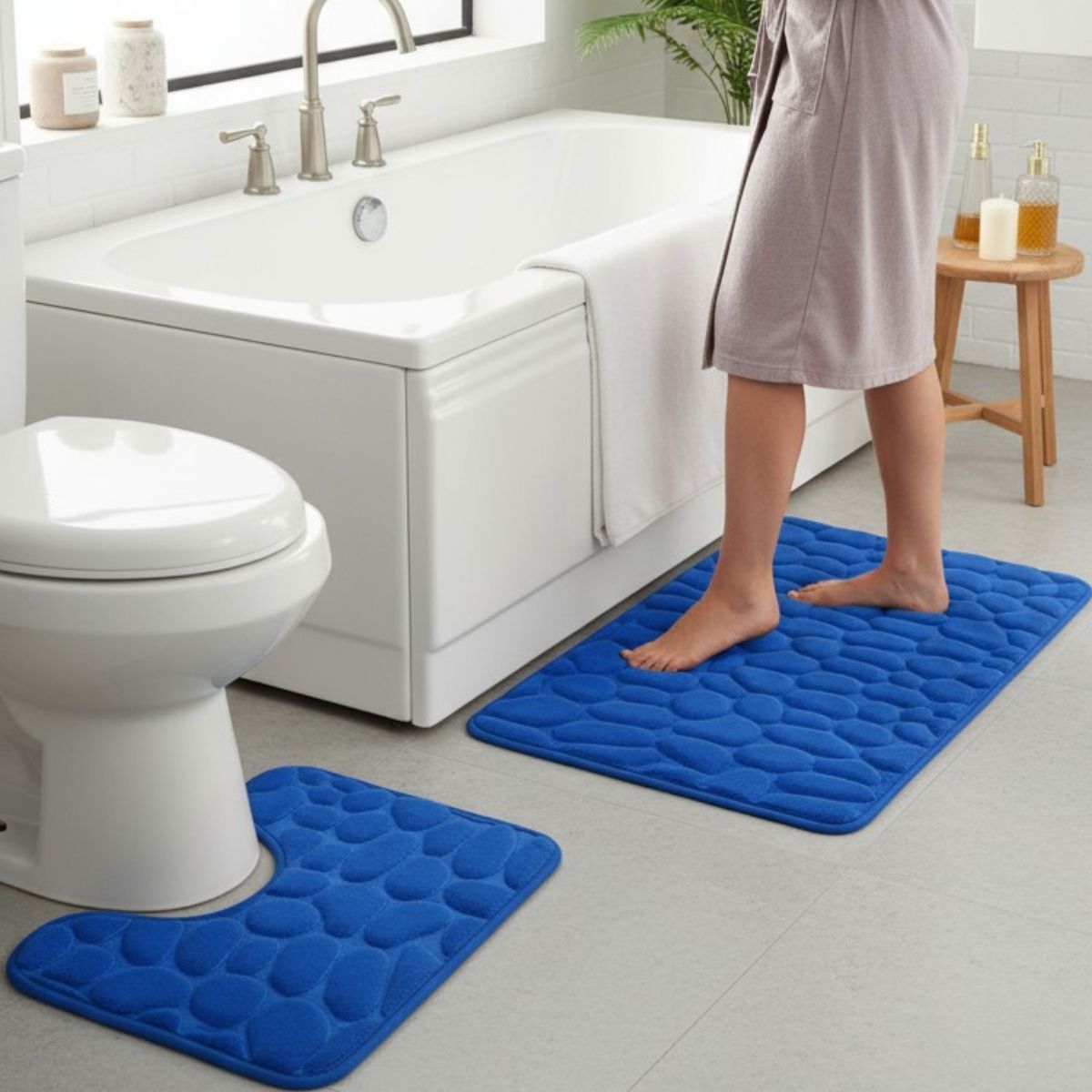 TEMU Luxury Pebble Design Memory Foam Bath Mat Set (2pcs) – Soft Non-slip & Quick Dry Bathroom Rugs – Washable Floor Mats For Shower, Tub & Toilet