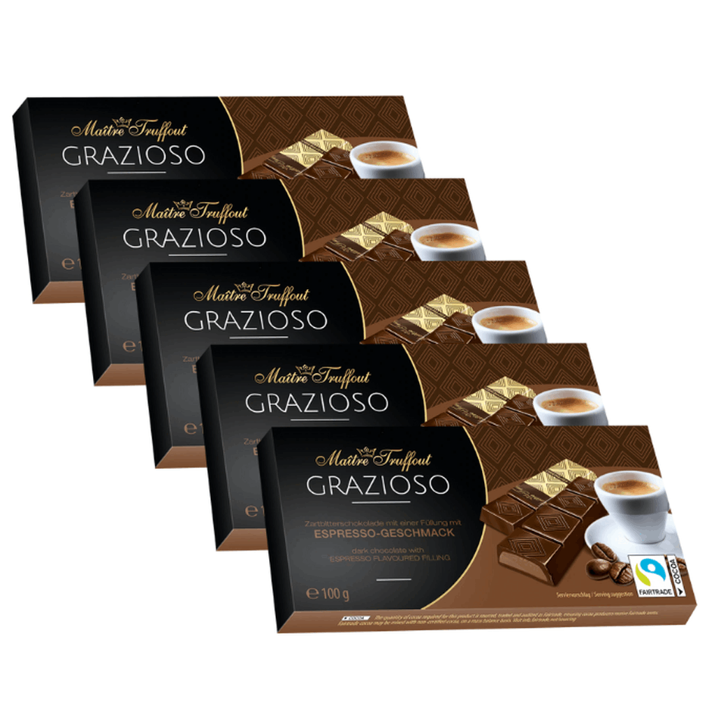 Image of Master Truffout Grazioso - Bittersweet Chocolate With Espresso Flavor Filling 5 X 100g (5x8x12.5g) | Chocolate Bars Individually Wrapped