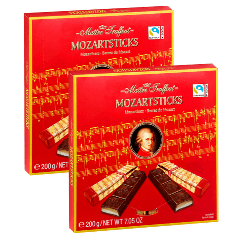 Image of Maître Truffout Mozartsticks 2 X 200 G | 2 X 16 Pieces | Dark Chocolate | White Chocolate | Long-form Praline Delight