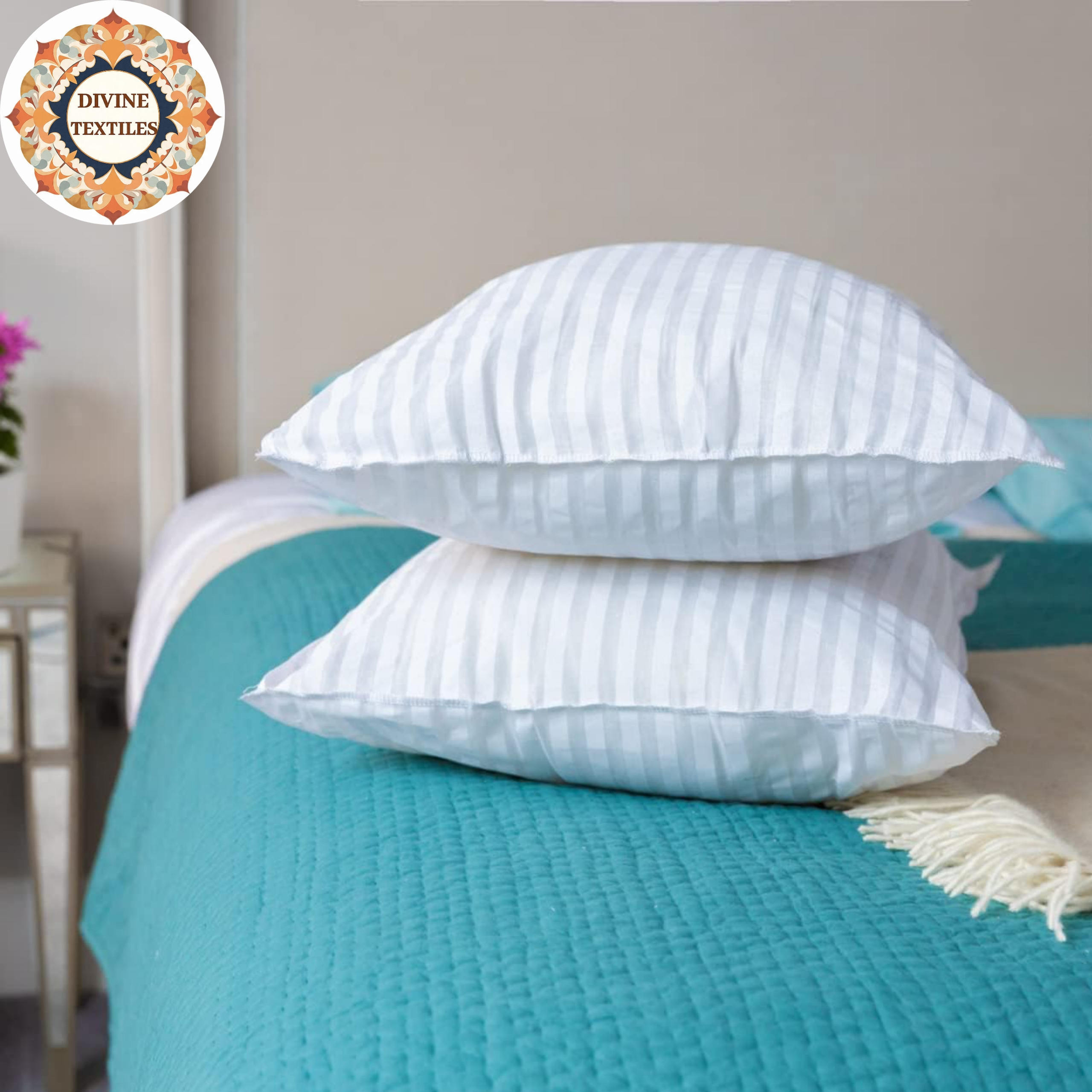 Divine Textiles -Soft 2 Pack Stripe Pattern Pillows – Comfortable and Supportive Bed Pillows with Elegant Striped Design – Ideal for Bedrooms, Guest Rooms, and Everyday Home Use