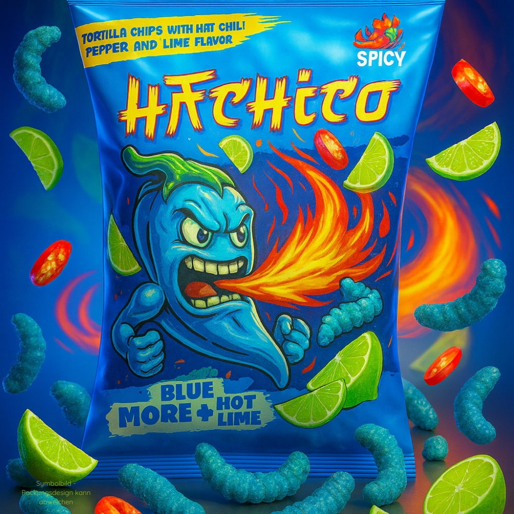 Hachico More Blue + Hot Lime – Explosively Blue Lime-chili Chips Snack – Spicy Corn Chips With A Lime Flavor – Crunchy, Refreshing & Fiery Exotic