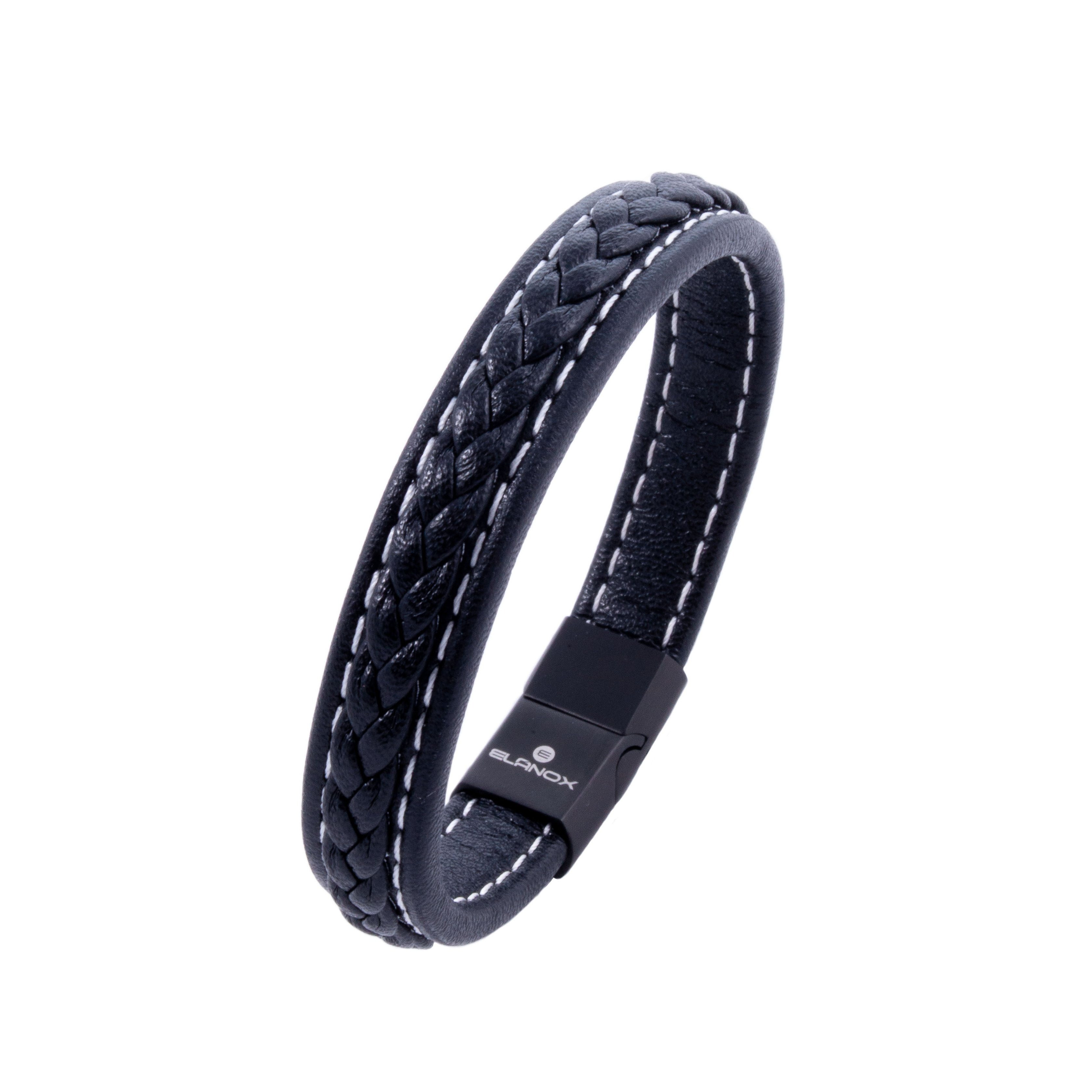 Elanox Leather Bracelet For | Adjustable Bracelet | 22 Cm | High-quality Stainless Steel Clasp | Black