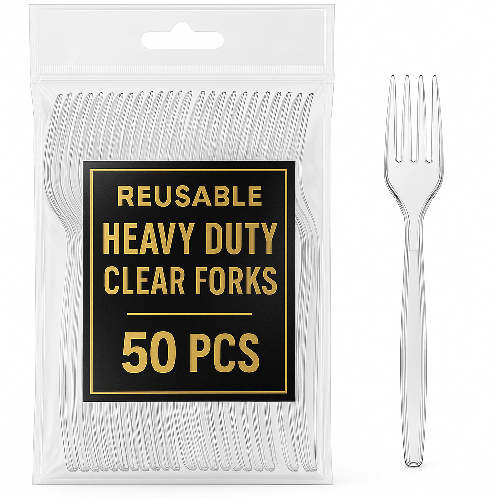 TEMU Transparent Cutlery Set 50 Pack – Heavy Duty Reusable Plastic Silverware, Clear Party Utensils Includes Spoons, Forks & Knives, Durable