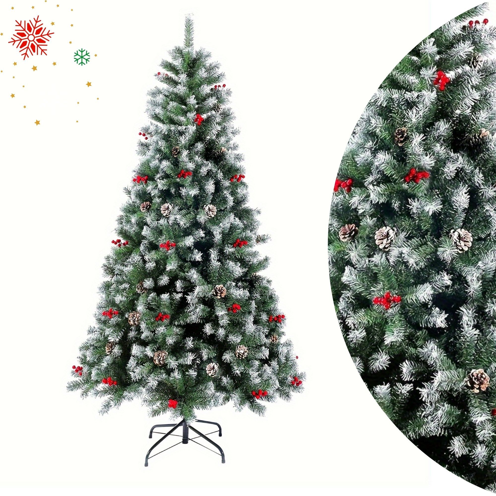 TEMU Árbol de Navidad con Nieve, Piñas y – Base Metálica – 150 / 180 / 210 / 240 cm – y Realista - Navideño con decoración Muy Fácil de