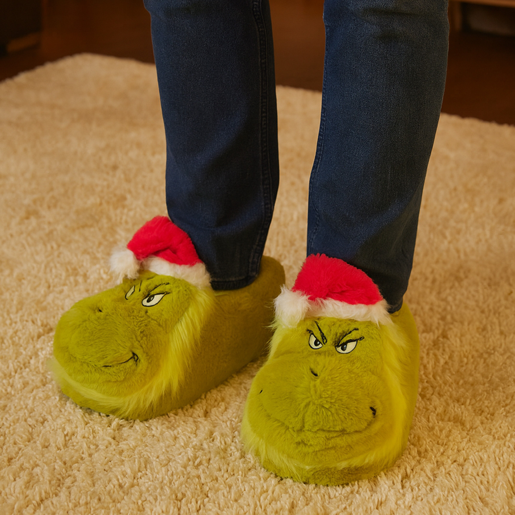 The 3d Slippers - Plush Slippers With Christmas Hat, Unisex Green
