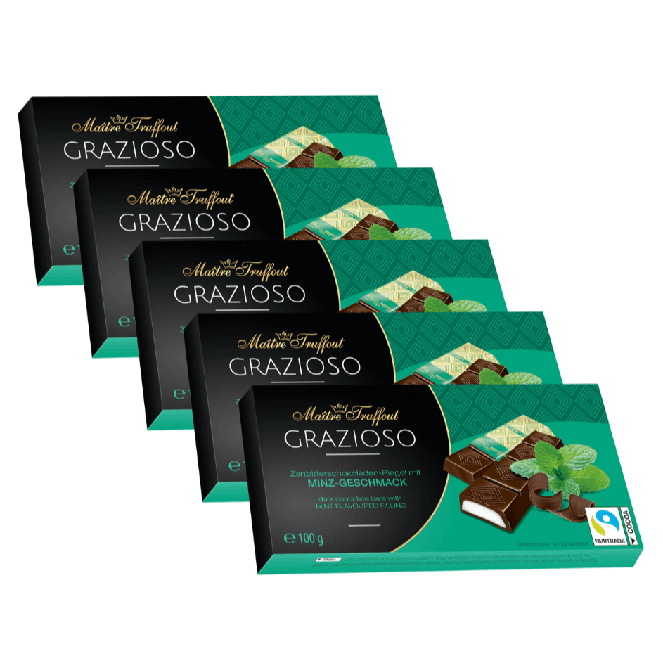 Image of Maître Truffout Grazioso Dark Chocolate With Mint Cream – 5 × 100 G (5x8x12.5g) – Premium Dark Chocolate With Refreshing Mint Filling