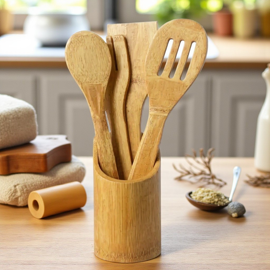 TEMU 5pcs Premium Bamboo Cooking Spoons Set: Perfect For Everyday Kitchen Use - 100% , Durable, Easy To Clean, Sturdy, Lightweight, Heat-resistant,