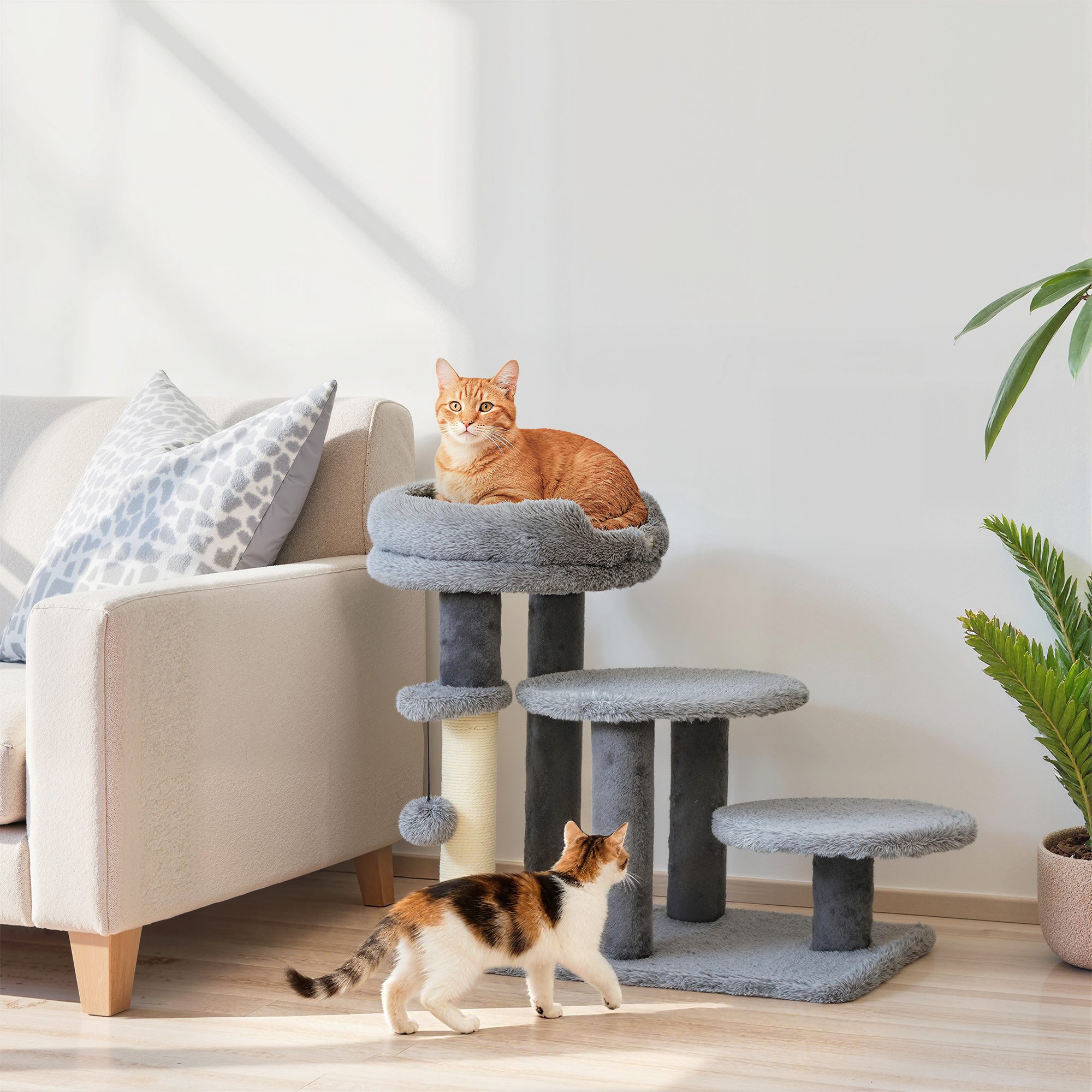 Cat Staircase With Bed And Ball, Pet Stairs For Cats Up To 5 Kg, Plush Gray, 60 X 40 X 56 Cm