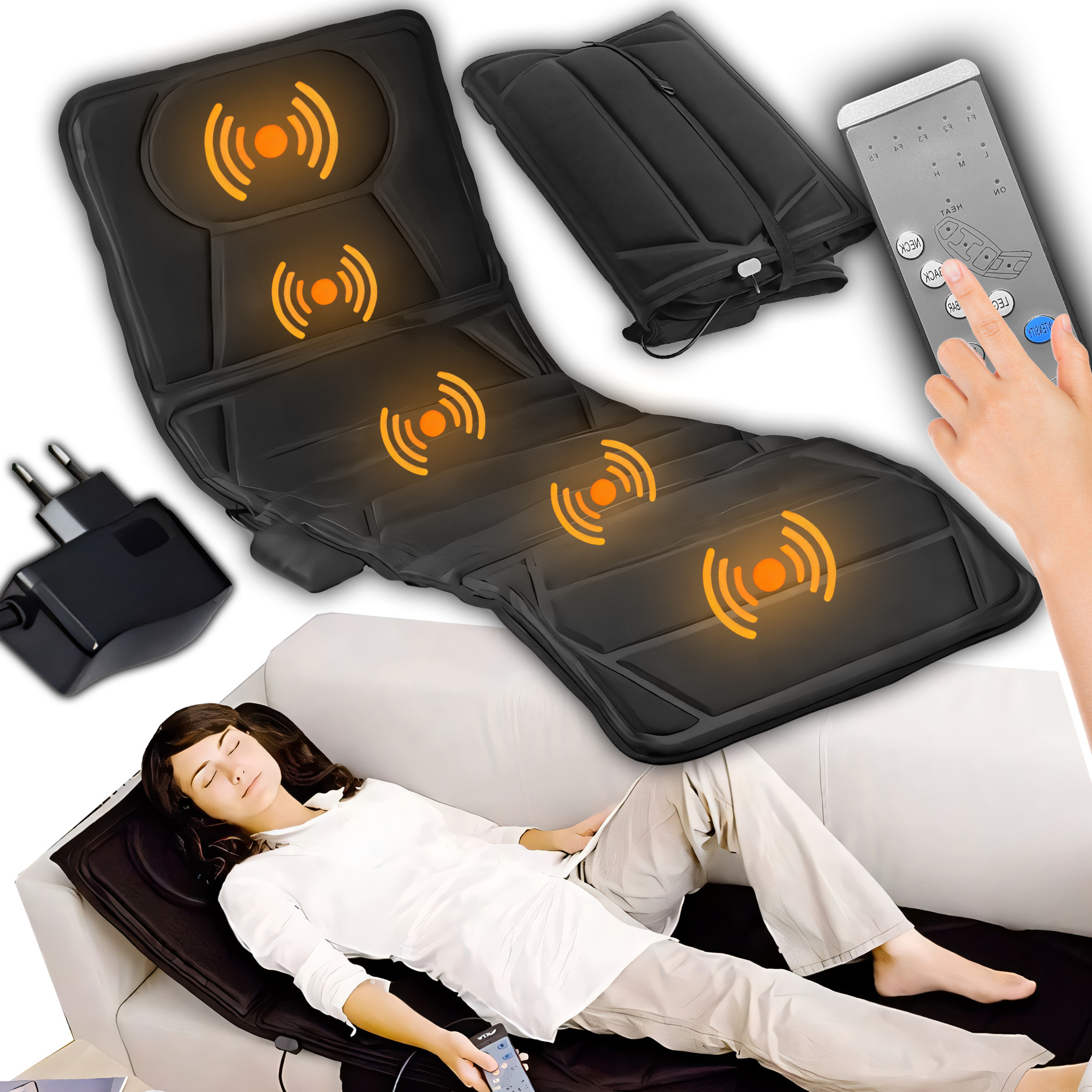 Image of Vibrating Massage Mat Retoo Techpro With Heating Function, 12 Motors, 5 Programs, 4 Zones, 3 Levels, Remote Control, For , 172×57 Cm, Power Supply 12 V (100–240 V), Black – Relaxation At Home