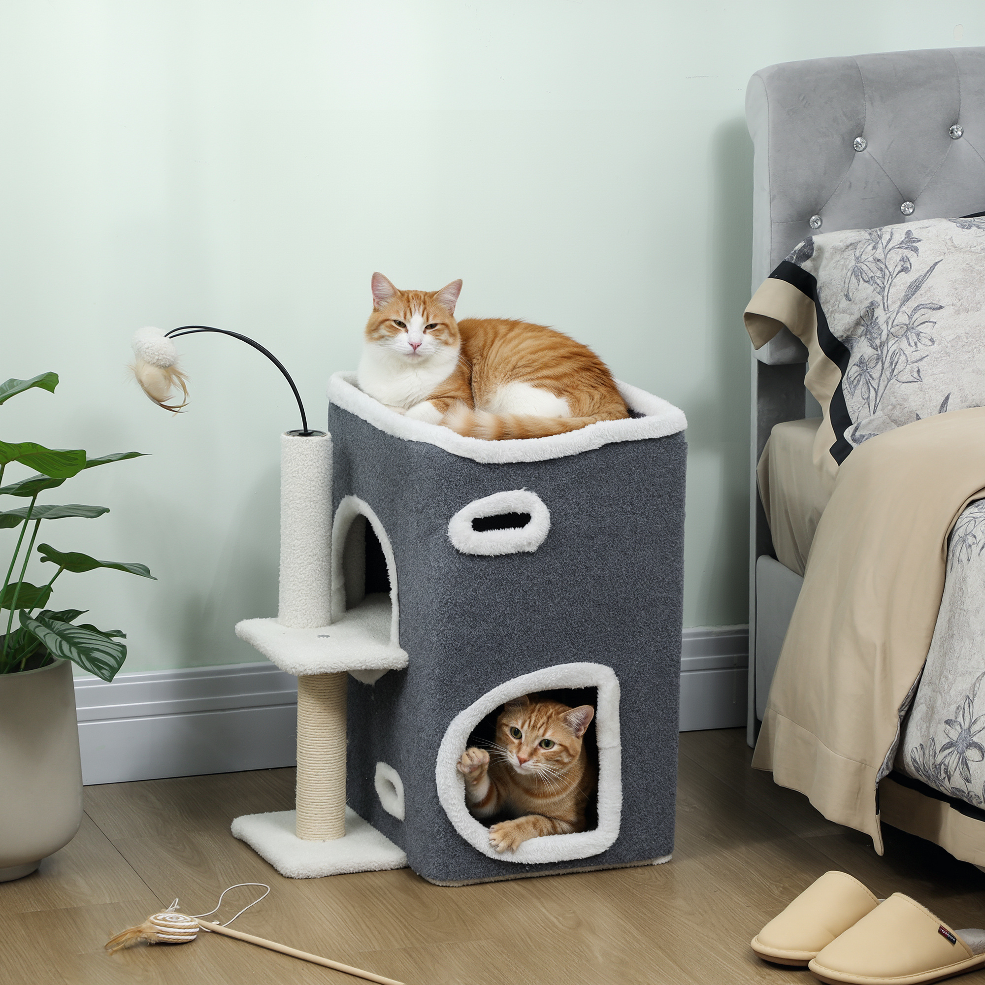 Image of 58 Cm Small Cat Tower With Hideout, 3 Plush Balls, Sisal Stems, Platform, Scratching Post, Climbing Tree For Medium-sized Cats, Gray