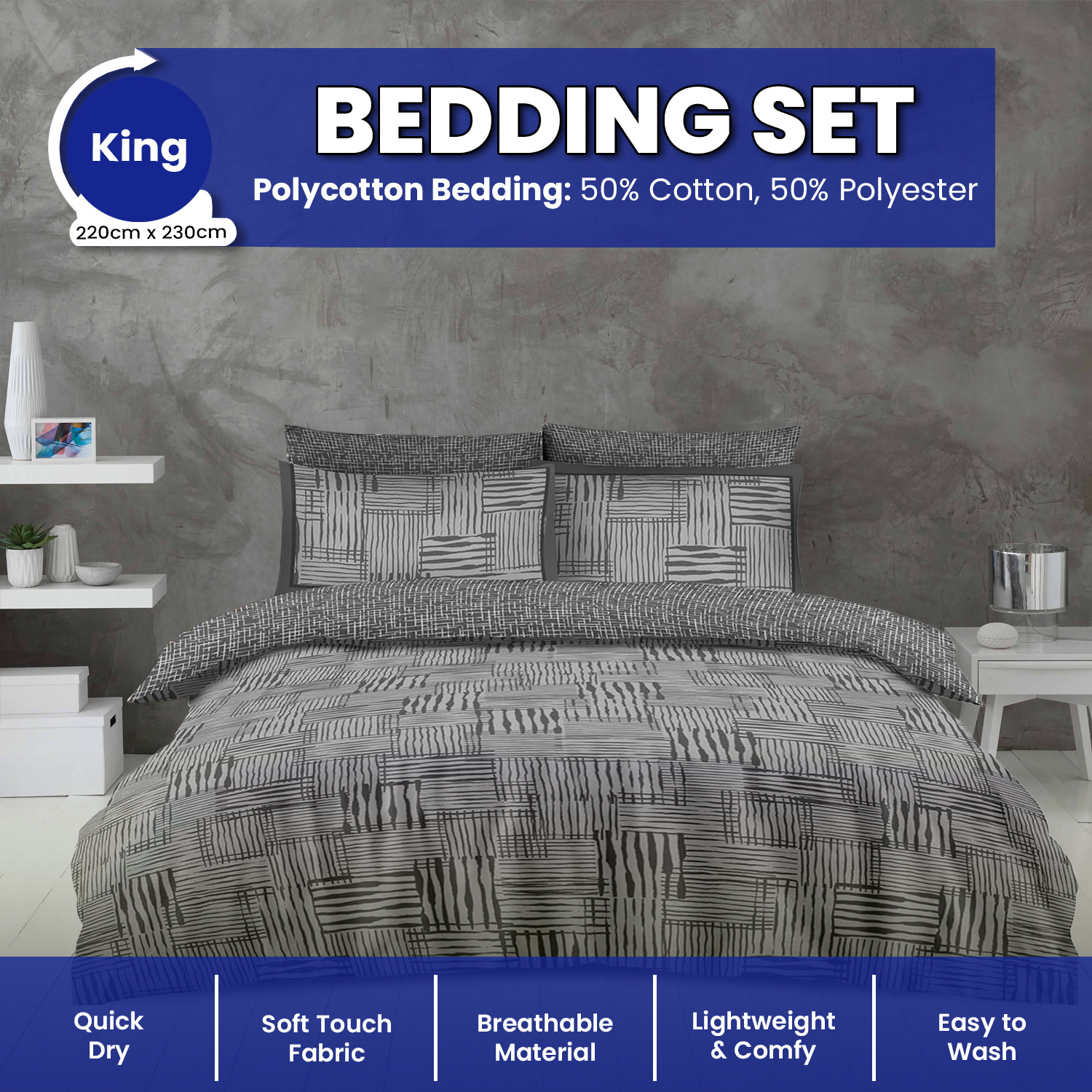 TEMU Luxury Duvet Cover Set | Stylish Grey Geometric Quilt Cover | Soft, Breathable & Bedding | Wrinkle Resistant, Machine Washable | Matching