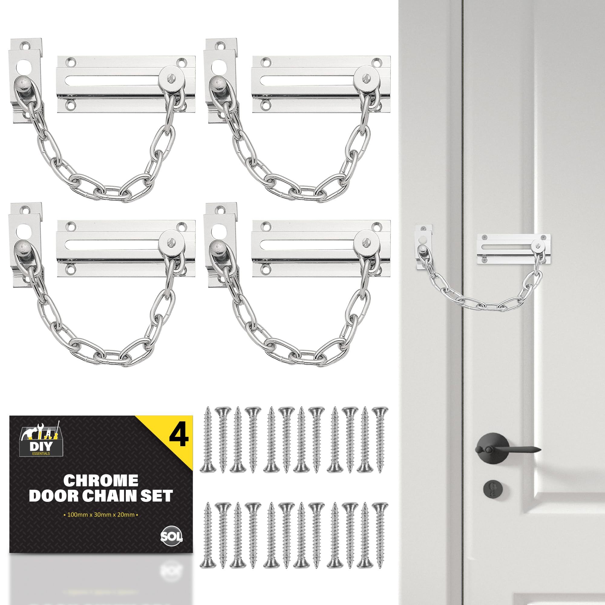 Sol 4 Pack Chrome Door Chain Kit | Heavy Duty Door Restrictor For Front Door | Durable Metal Safety Chain Lock For Added | &