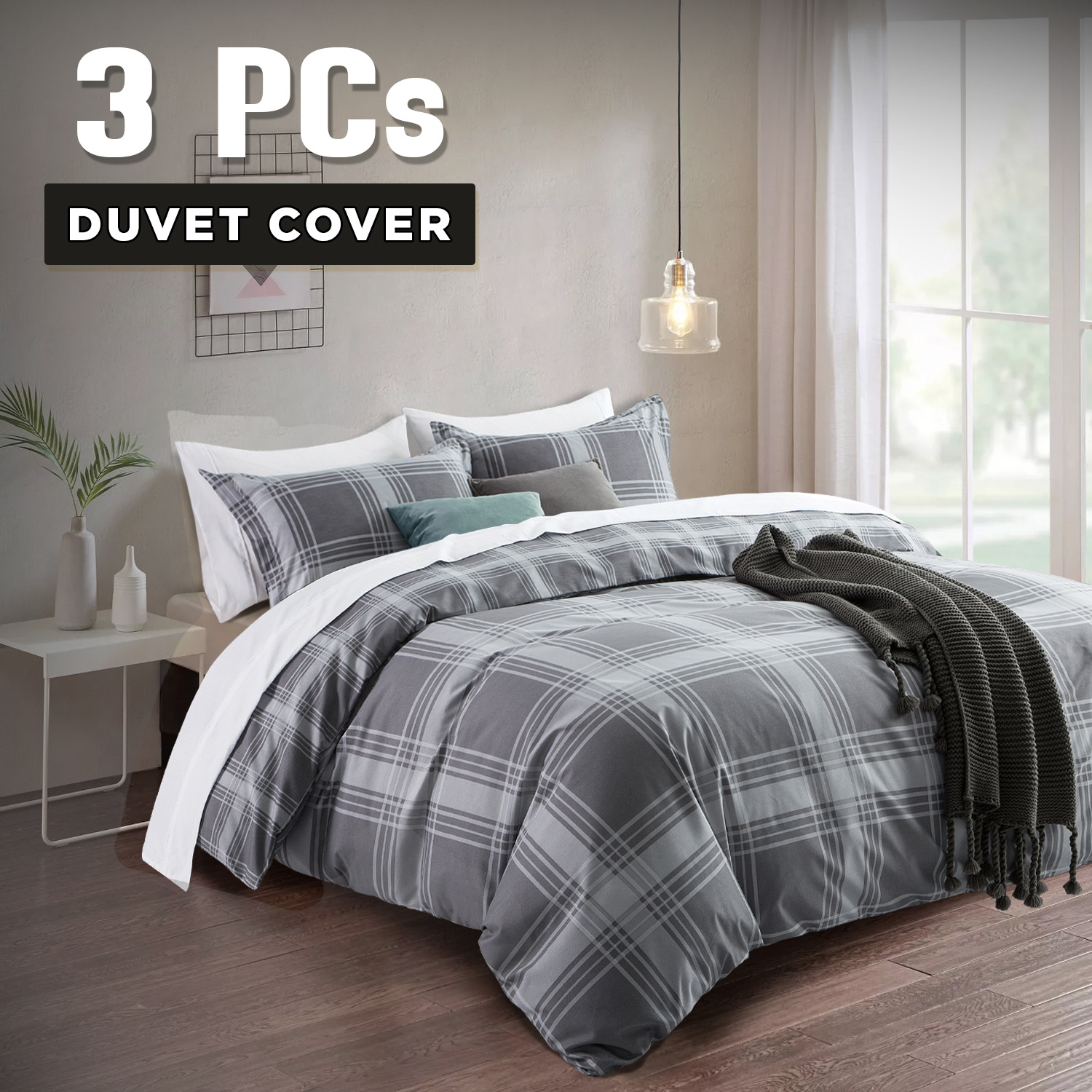 TEMU 3pcs Grey Checked Printed Duvet Cover Set – Reversible Soft & Breathable Microfiber Bedding With Pillowcases , Machine Washable For Bedroom, &