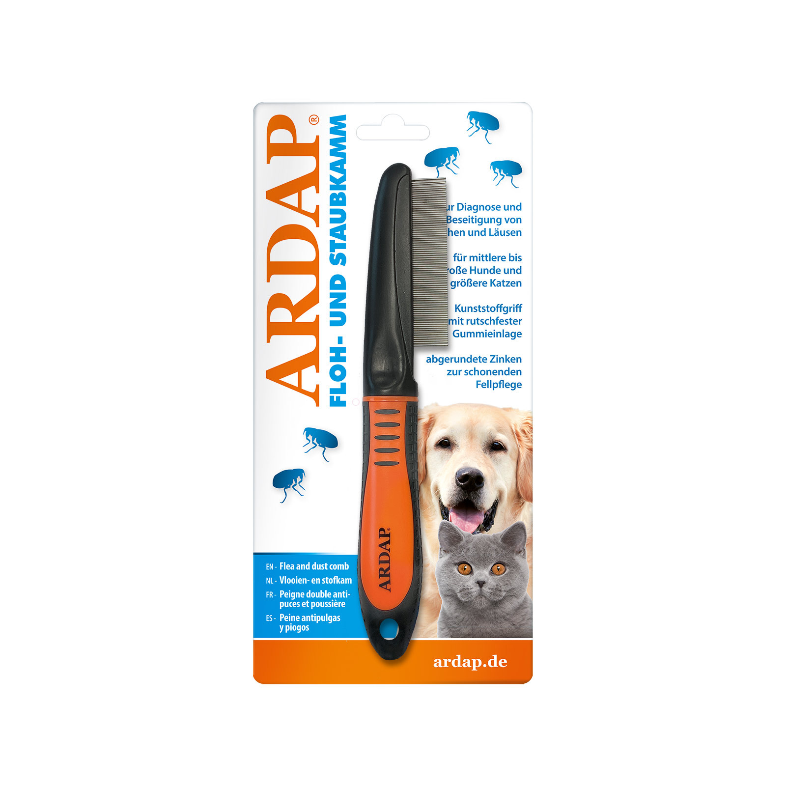Image of Ardap Flea And Dust Comb Large, For Diagnosing And Removing Fleas And , For Dogs And Cats, Plastic Handle With Non-slip Rubber Grip, Rounded Teeth For Gentle Fur Care