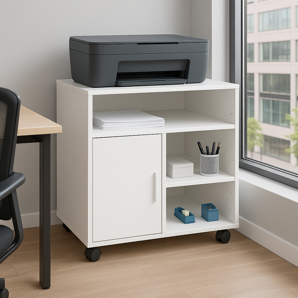 Image of Bakaji Printer Cart With Wheels, Multi-use Space- With 3 Compartments, 4 Shelves And 1 Door, Wooden Archive Cabinet In White For Home, Studio, Bathroom, 60 X 50 Cm
