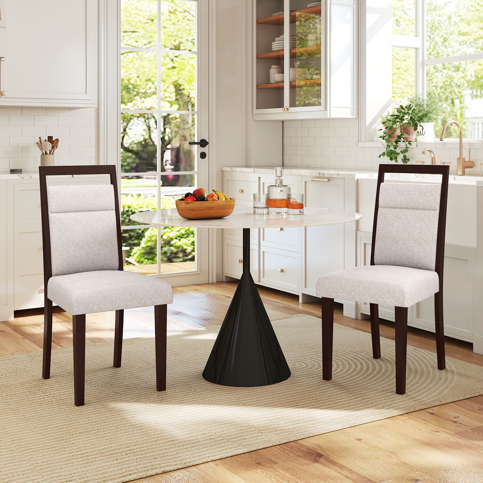 Image of Upholstered Dining Chair Set Of 2, Mid-century Kitchen Chair W/padded Seat & Tilt Backrest, Rubber Wood Legs, Convenient Handle, Modern Indoor Farmhouse Dinette Chairs For Restaurant, Living Room