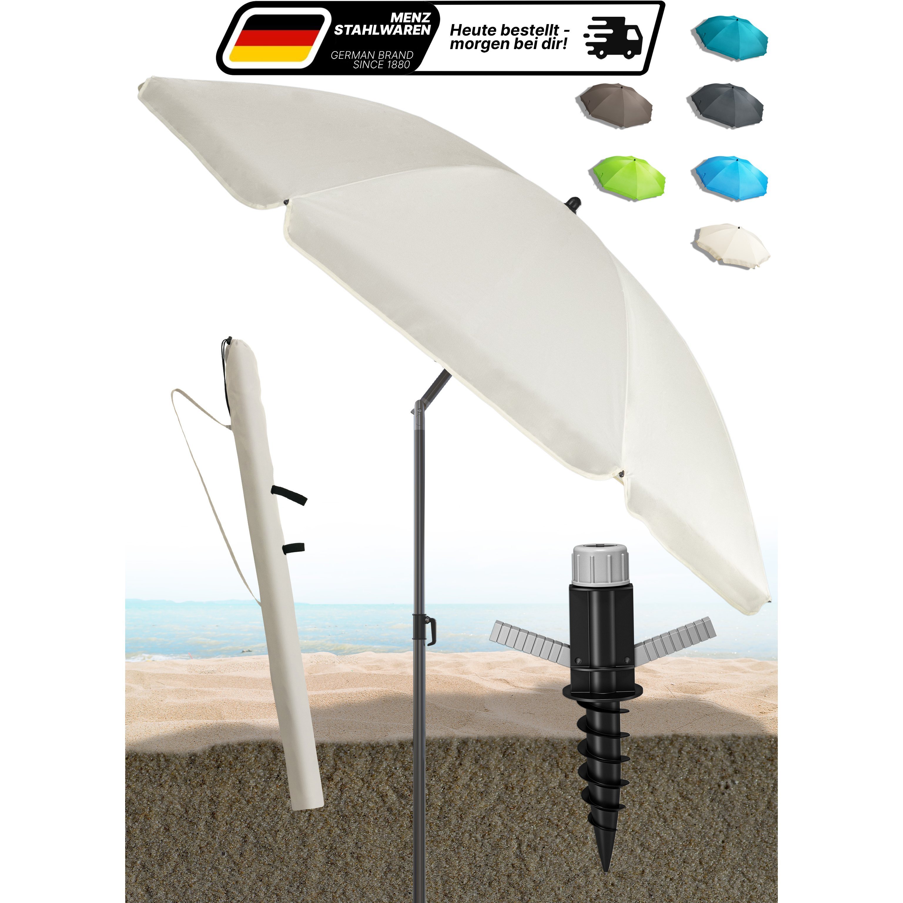 Image of Home Sun Umbrella Beach 3pcs Set - Ø 180 Cm In /turquoise/blue/beige/green/taupe - Uv 50+ Wind-resistant Beach Umbrella, Height-adjustable & Foldable, Rust-resistant, . Ground Spike & Protective Cover