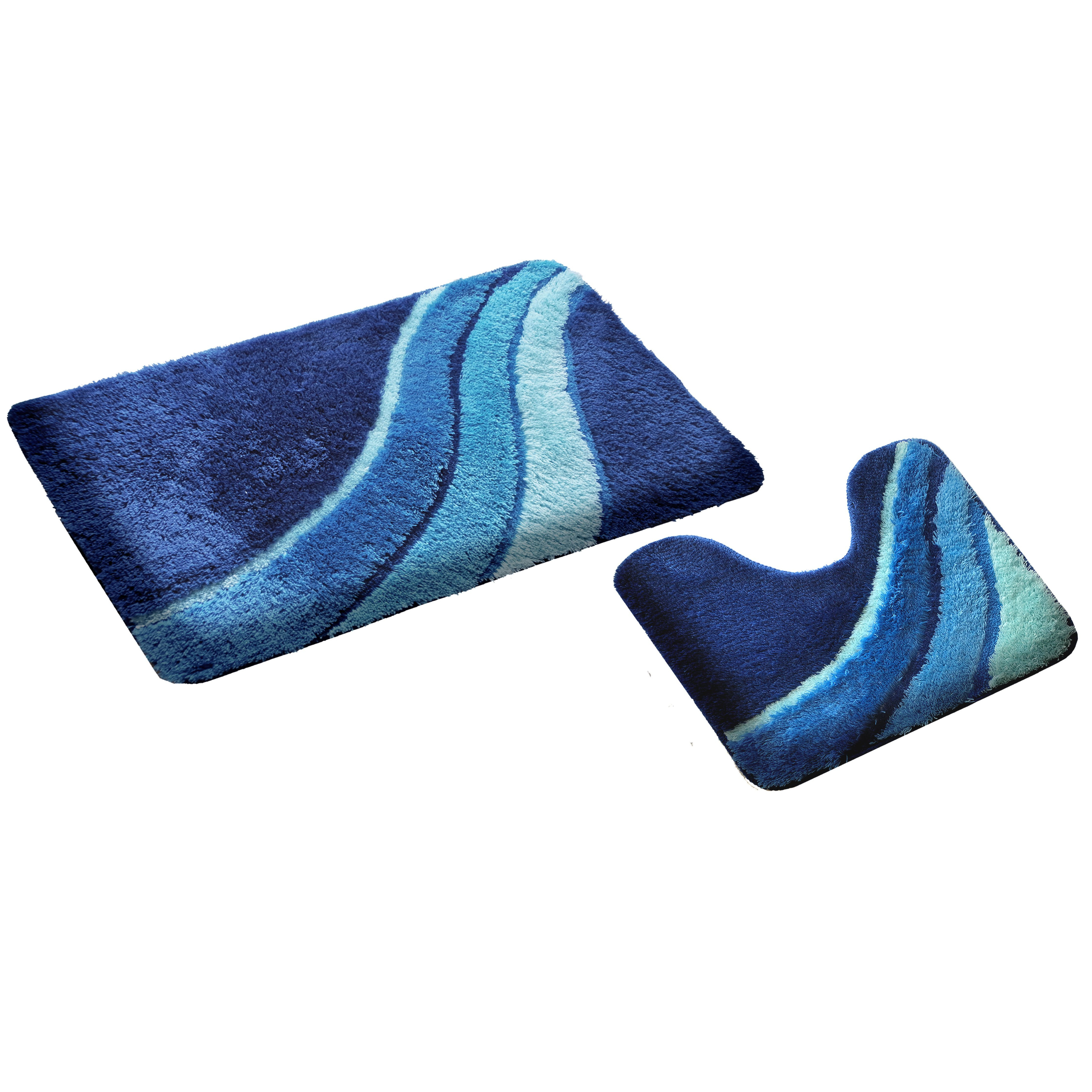 2-piece Bath Mat Set Kiel | Bath Rug & Bath Mat, Microfiber, Non-slip, Machine Washable – Blue With Cutout