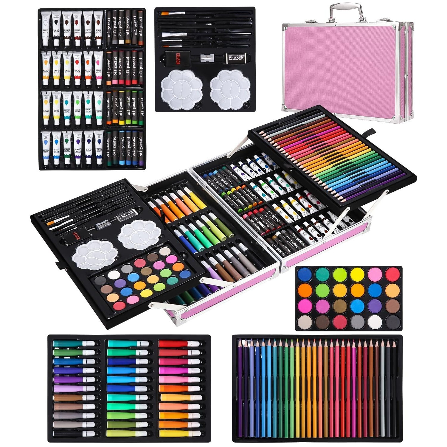 E-shop 145-teiliges Malset, Malkoffer Kunstset, Zeichenstifte Profi-Set mit Buntstiften, Aquarellfarben, Ölpastellstiften, Farben und Kohlestiften,
