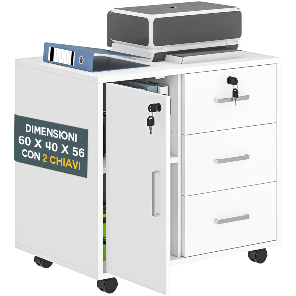 Image of Bakaji -saving Office Mobile Printer Cabinet, Versatile Multi-use File Cabinet With 1 Door And 3 Drawers, Double-key Cabinet With Wheels, Document Holder 60 X 40 X 56 Cm
