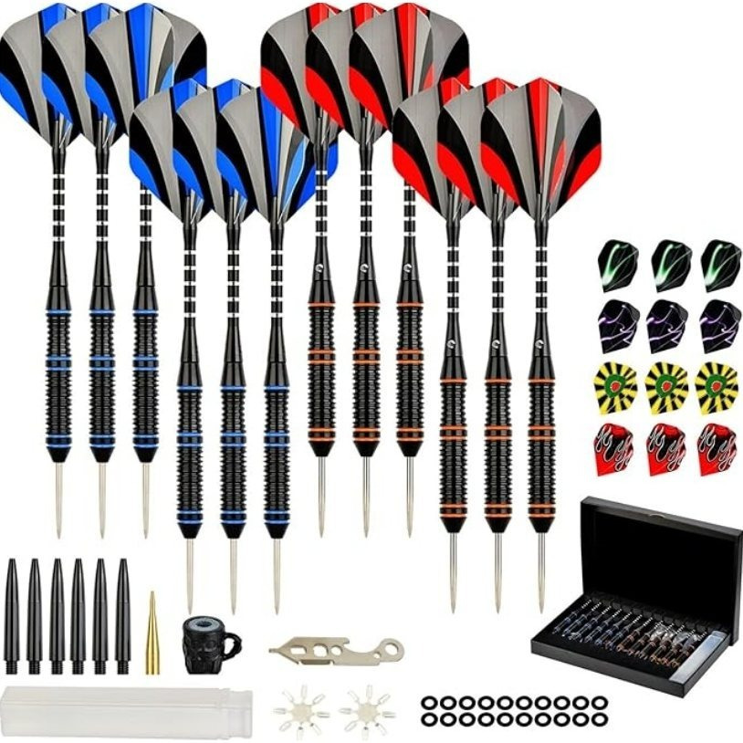 Image of Formula Sports Dart Arrow Set With Metal Tip, Professional Metal Dart Set, 12 Pieces, 21/23 G, Pro Dart Set With Aluminum Shafts, Extra Flights, Dart Sharpener, Flight Protector