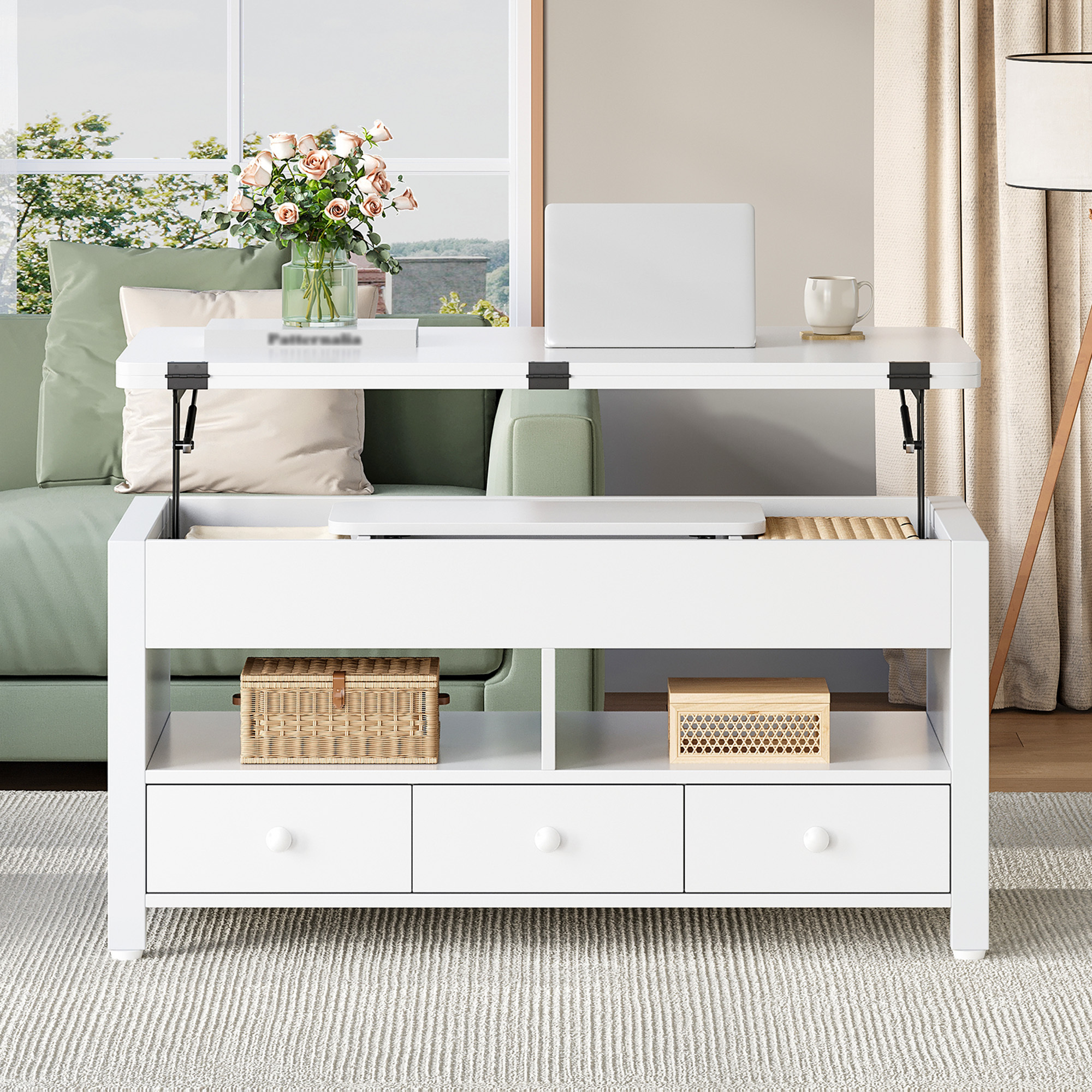 Image of Coffee Table, Height-adjustable Living Room Table With 3 Drawers And 2 Compartments, 50 × 100 × 47 Cm, Coffee Table Convertible Table, For Living Room, Home Office, White