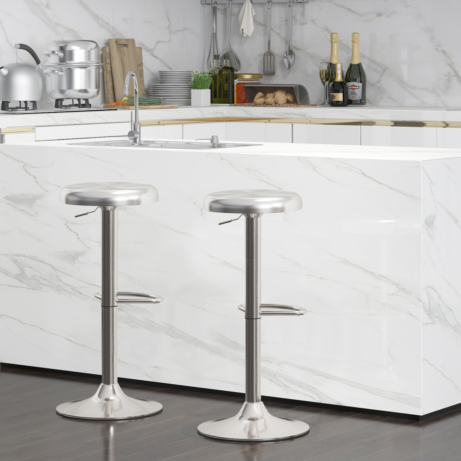 Image of Stainless , Counter Height Stool With Sgs Gas Strut, Footrest & Anti-slip Base, Adjustable Swivel Backless Bar Chair, Modern Kitchen Island Stool For Pub , Silver