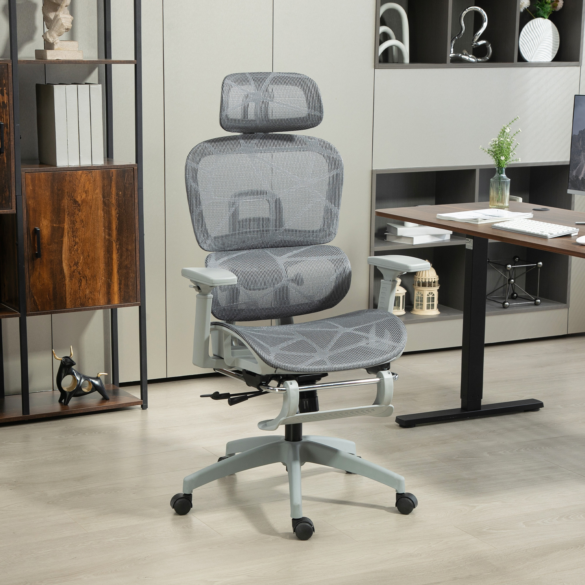 Ergonomic Office Chair With Reclining Function, 3-way Adjustable Backrest, Height-adjustable Swivel Chair With Foldable Armrests, Headrest, And Lumbar Support, Gray