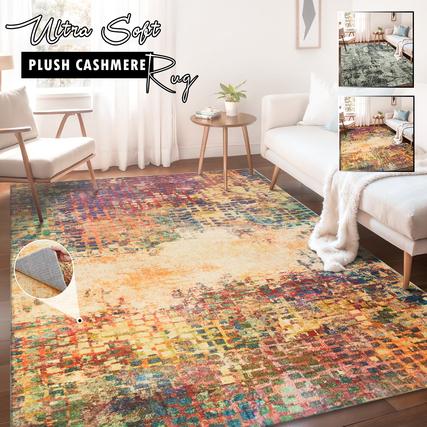 TEMU 1pc Plush Cashmere Carpet – Thick And Washable With Rubber Backing, Ultra Soft Area Rug With Elegant Design, Perfect For Living Room, Bedroom &