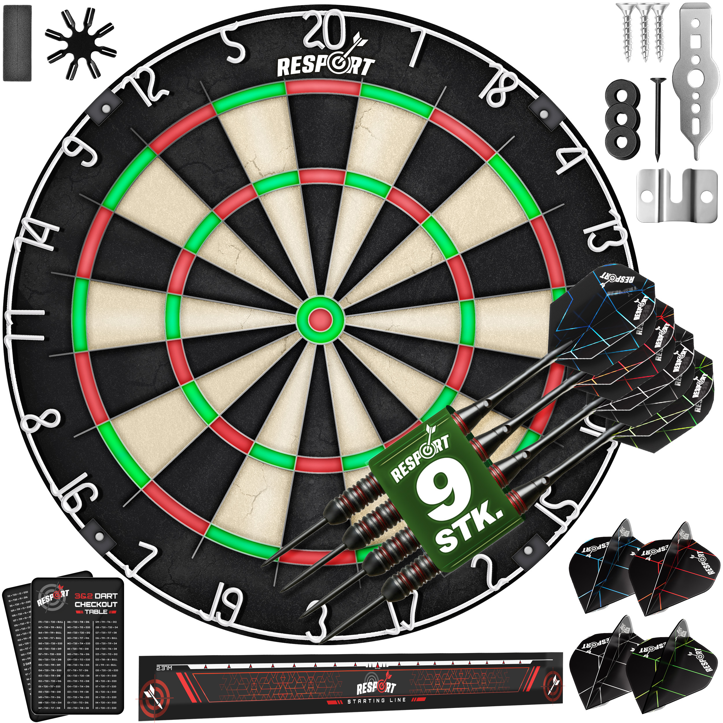 E-shop ® Dartscheibe XXL Set mit 9 Profi Dartpfeile + 24 Pro Flights + Zubehör | Steeldart aus hochwertigstem Sisal | Dartboard Komplettset inkl.