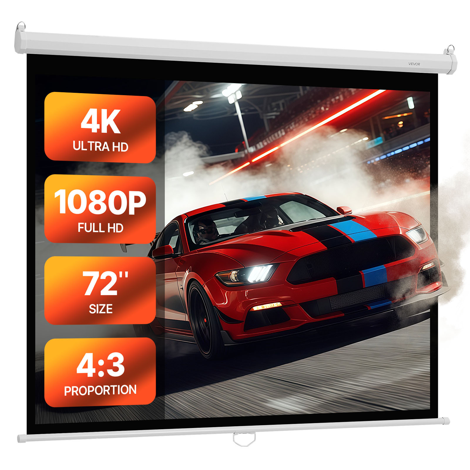 Vevor Manual Projector Screen, 1829 Mm 4:3 4k 1080 Hd Retractable Pull Down Projector Screen, Wall Mounted Movie Projection With Pull Rope, Portable Display Projectoin For Office Theater