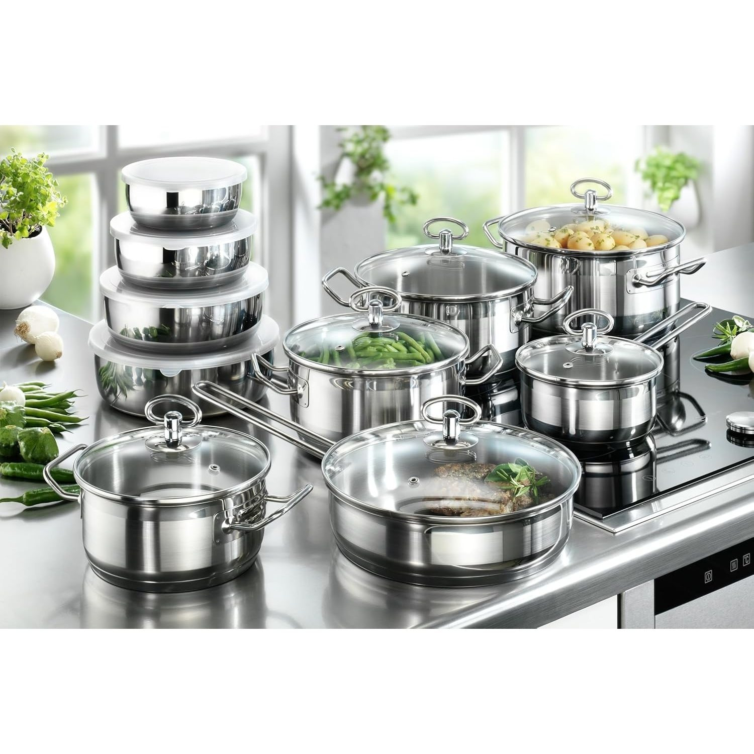 E-shop Karcher Topfset Jasmin 20-teilig | Edelstahl Kochtopf-Set Induktion inkl. Glasdeckel | Töpfe & Pfanne spülmaschinenfest & backofenfest |
