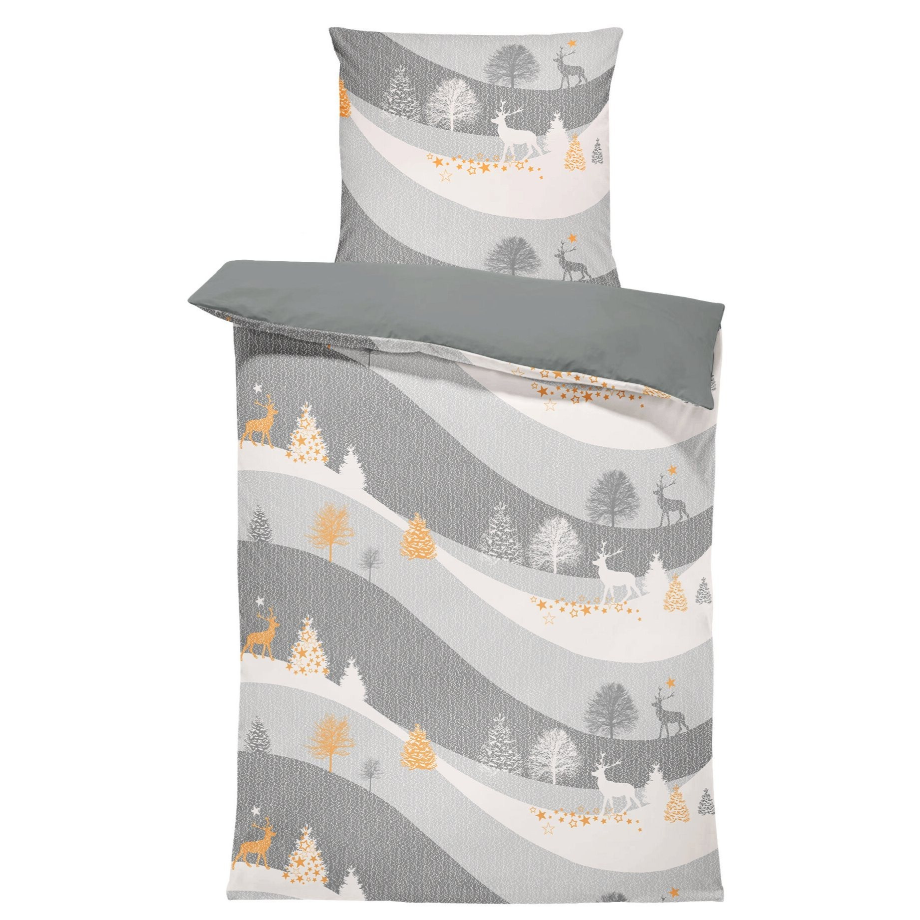 Winter Beaver Bedding Set With Reindeer, Winter Landscape, Christmas, Flannel, Includes Pillowcase 80x80 Cm With Zipper