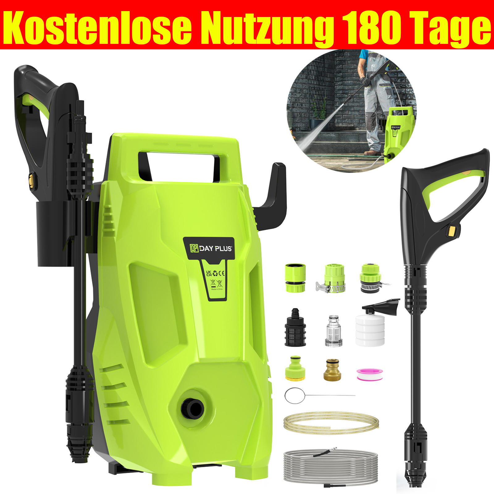 Image of High Pressure Washer Power 480 Bar Car Patio Cleaner Jet Washers With 7m Hose & 5.5m Power Cord, Adjustable Nozzle Jet Washers For Cleaning Cars, Driveways, Patios, Fences, Green