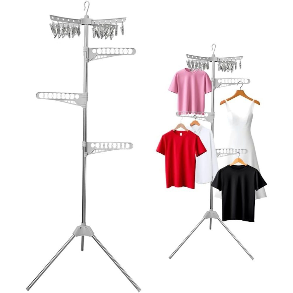 TEMU Collapsible Clothes Drying Rack – Foldable Tripod Coat Hanger With 3 & 24 Clothespins, Corner Garment Storage Shelf Stand, Portable Laundry