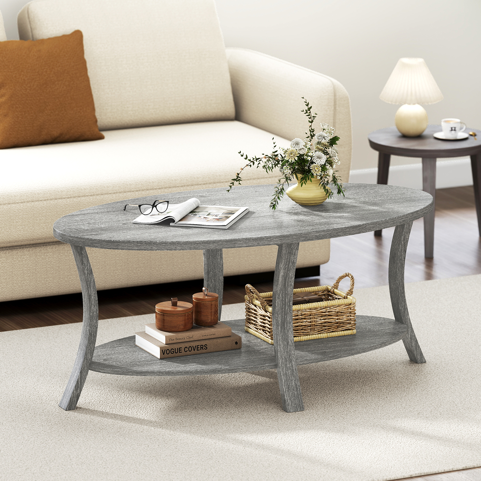Oval Coffee Table, 2-tier Center Table With Storage Shelf, Rubber Wood Accent Tea Table, Rustic Living Room Table For Home Office Reception Area, Gray