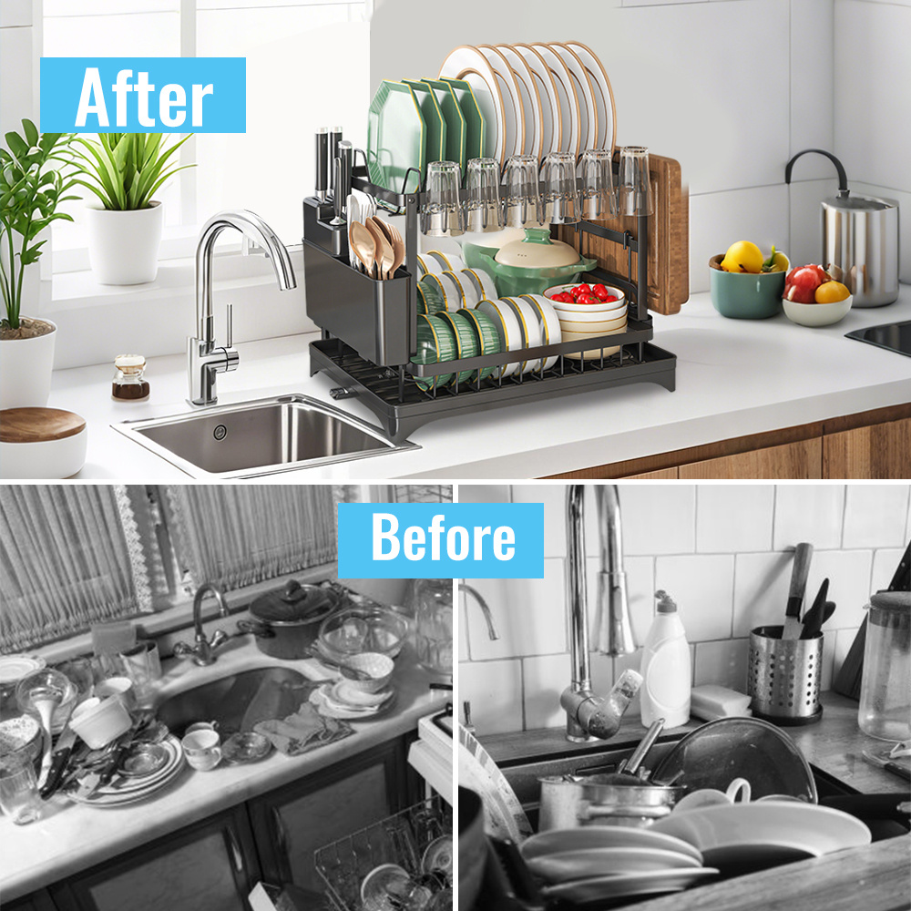 Étagère de Séchage à Vaisselle 2 Niveaux Grande Capacité avec Bac d'Égouttage, Support de Rangement en Acier Carbone pour Bols, Tasses, Planches à Découper, Étagère Multifonctionnelle - Sans Montage Requis, Organisateur de Cuisine
