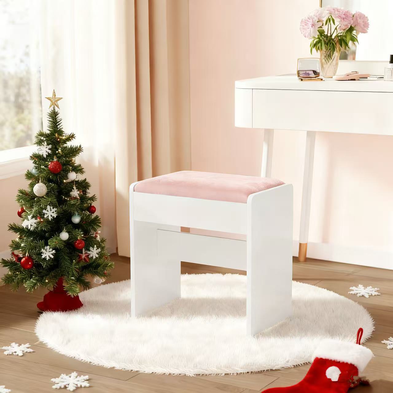 Padded Stool, Makeup Stool With Non-slip Feet, Velvet Makeup Stool, Suitable For Any Room, White And Soft Pink