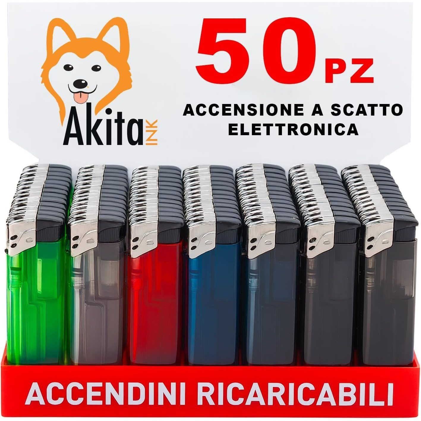TEMU Akitaink 50 PZ Accendini a scatto, Ricaricabile in Plastica trasparenti, Colori assortiti, Accendino sicuro - Box in display da 50