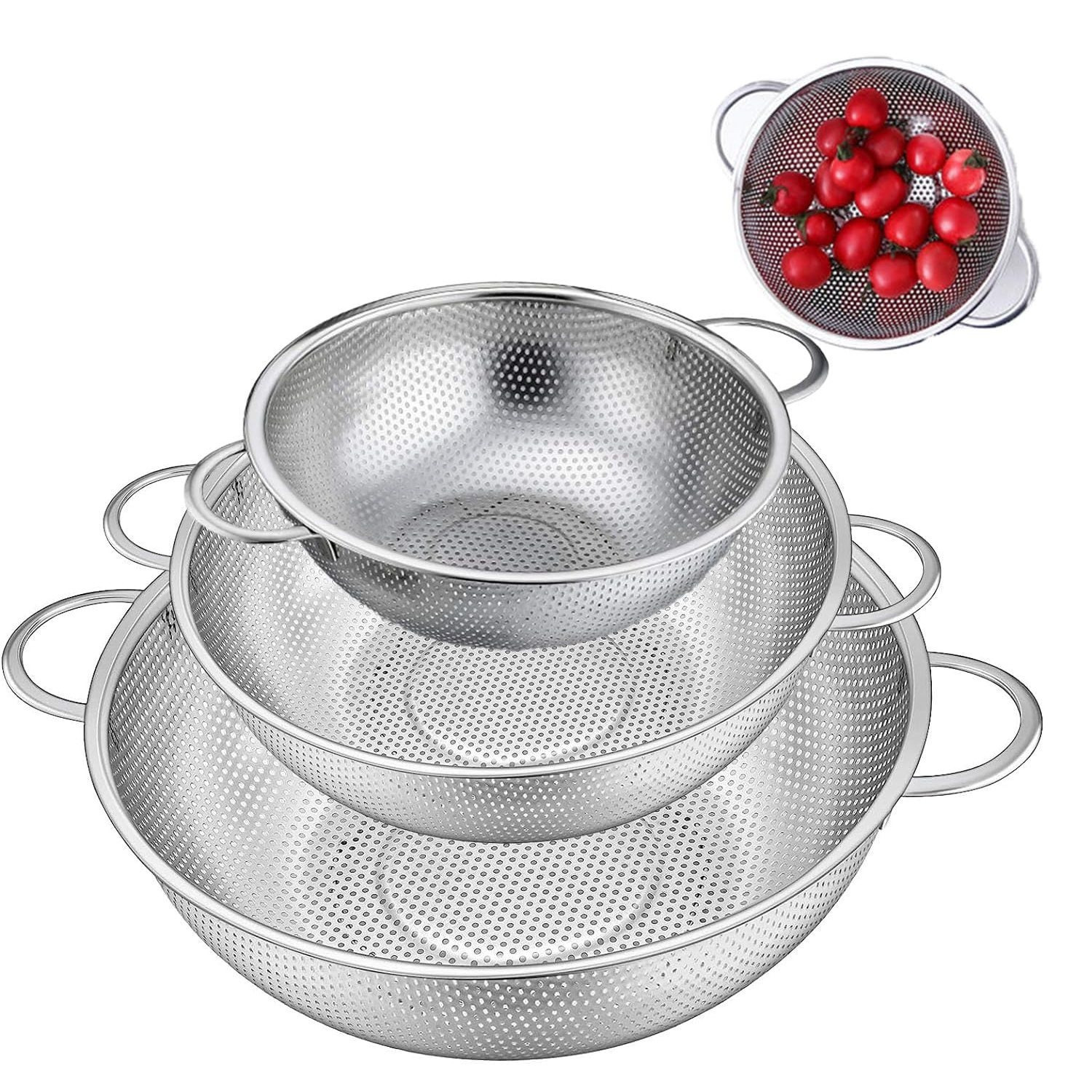 E-shop Pastaabtropfer mit Griffen, Edelstahl Pastaabtropfer, Obstkorb, zum Abtropfen von Pasta, Gemüse und Obst, Reis, spülmaschinenfest (3-teilig)