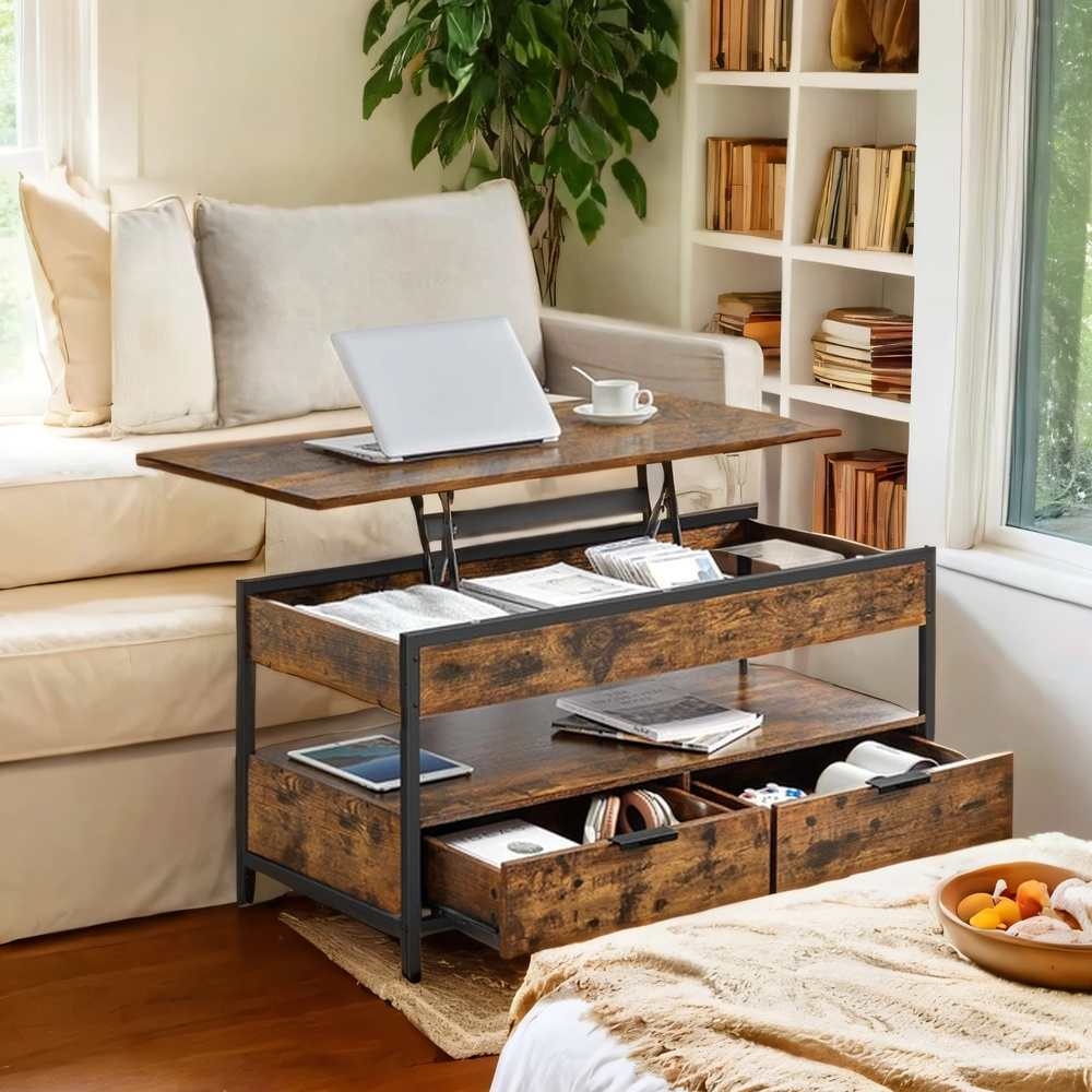 TEMU Table basse Ironwood avec tiroirs de rangement réglables en hauteur, étagères ouvertes et compartiments dissimulés